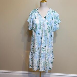Blue Green Floral Tiered Mini Dress Flutter Sleeve Boho Cottagecore L